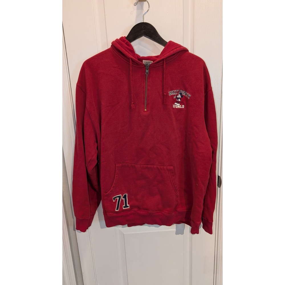 Vintage‎ Disney Mens XXL Walt Disney World Spell Out Half Zip Hoodie Red
